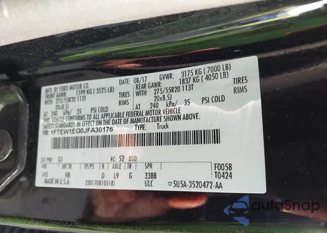 2018 Ford F150 Lariat z USA, uszkodzony, nr VIN 1FTEW1EG0JFA30176